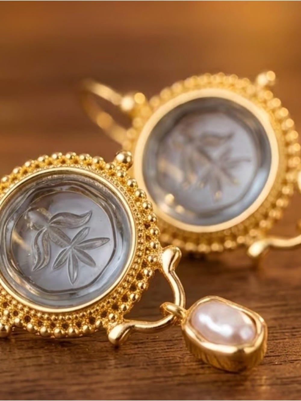 Gold-Tone Carved Glass & Pearl Drop Earrings -